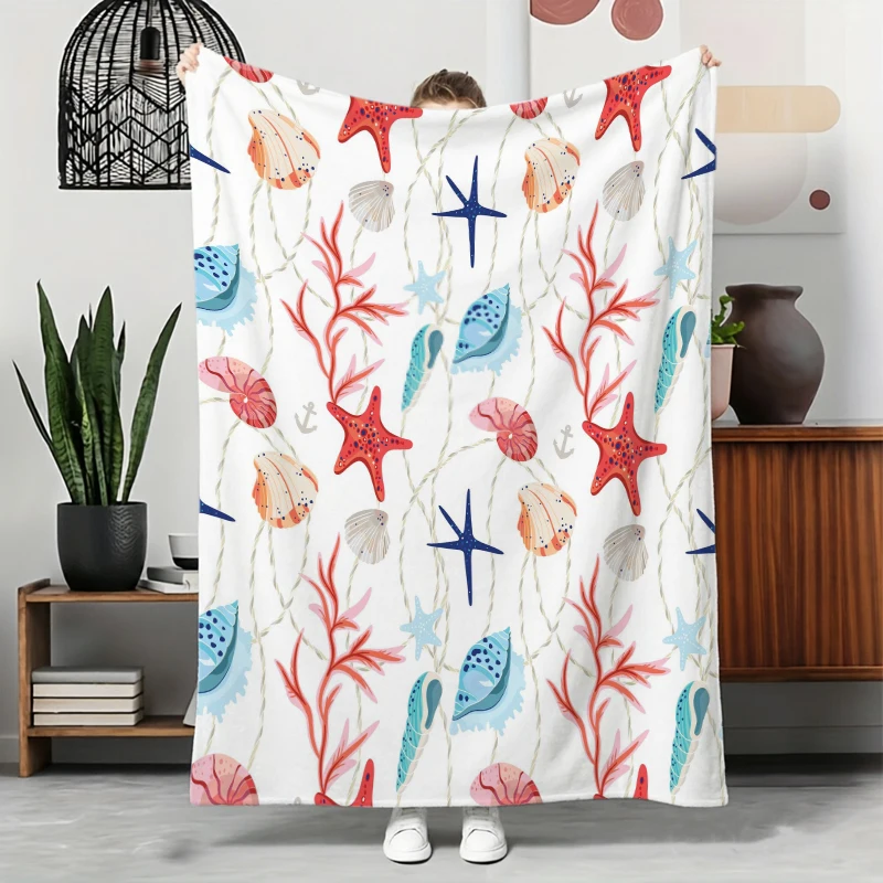 White Background Coral Fish Starfish Marine Life Flannel Blanket For Coastal Bedroom Decor Soft Warm Throw Blanket Wrap