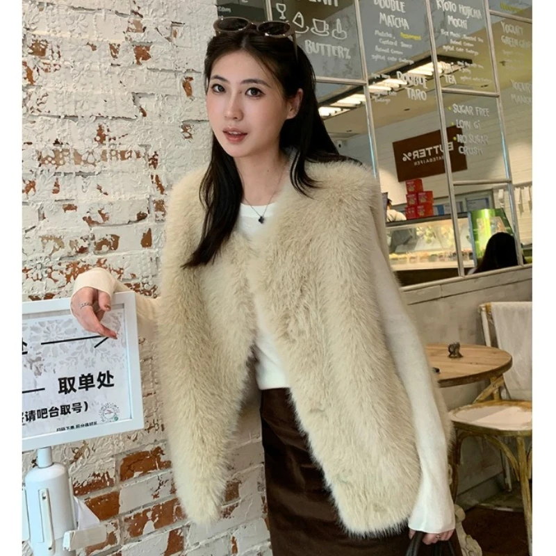 Faux Fur Women Vest Coats Jackets V Neck Sleeveless Coat Thick Warm Y2k Streetwear Jacket Elegant Work Outerwear Autumn Winter