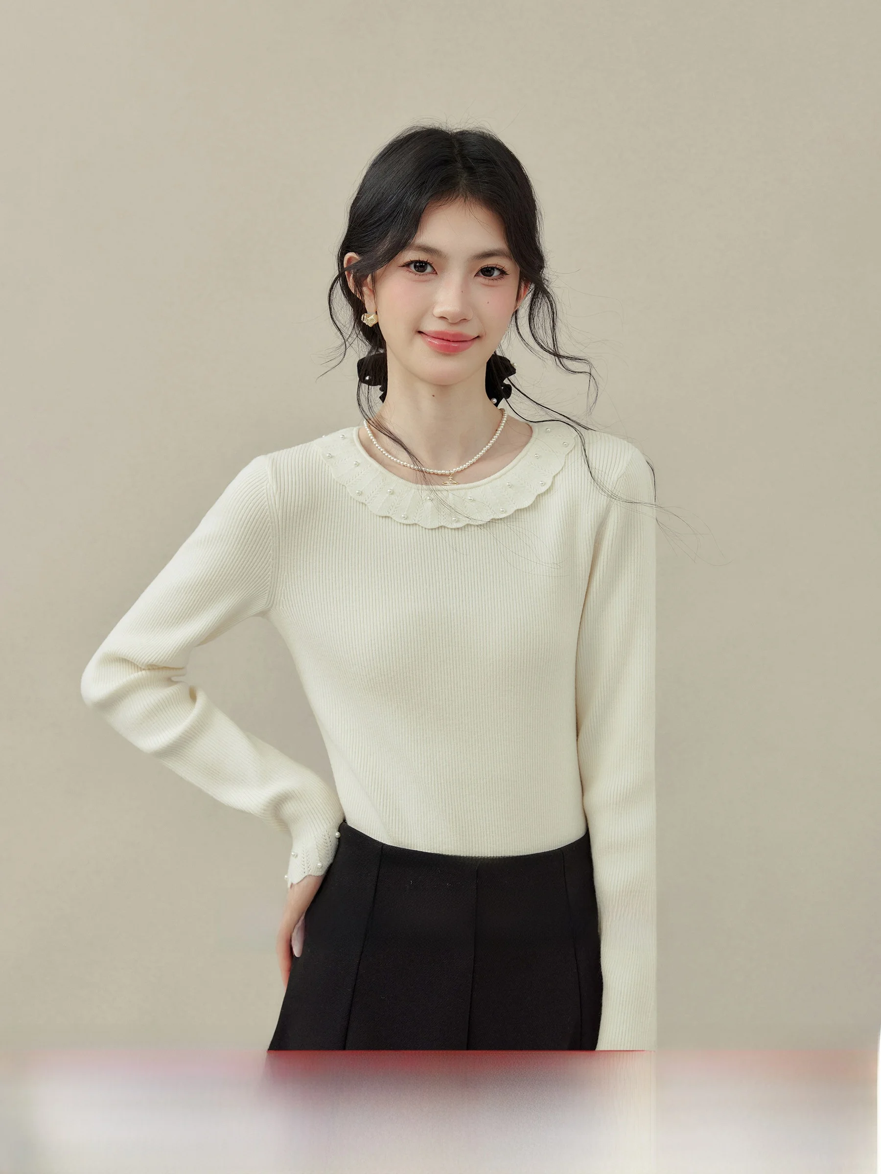 

ay Knitted round Ne Base irt for Plump Women "Nanyang Princ" by Wang Xue Simple Sle Long Sve Winter Top