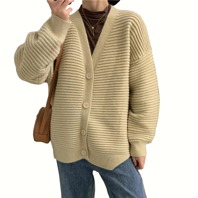 

2023 Autumn Winter V Neck Women's Sweater Cardigan Soft Knitted Cardigans Female Korean Loose Women Sweater Coat