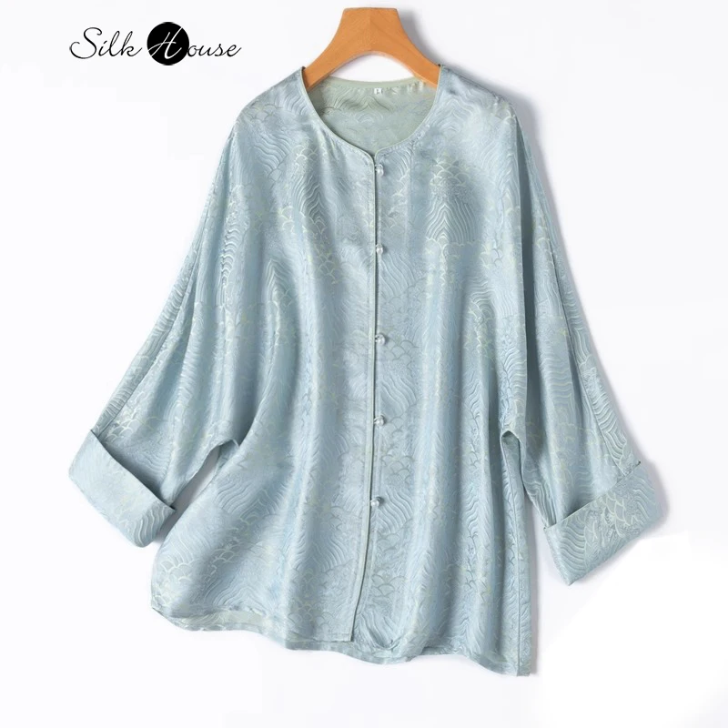 

Blue Ocean Wave Pattern 60% Natural Mulberry Silk Weaving Brocade New Chinese Loose Women's Coat Chinese Style Cardigan