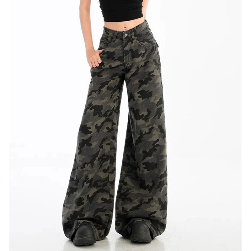 

Винтажные камуфляжные джинсы с высокой талией для девочек, женские шикарные прямые джинсовые брюки, женские уличные мешковатые брюки-карго