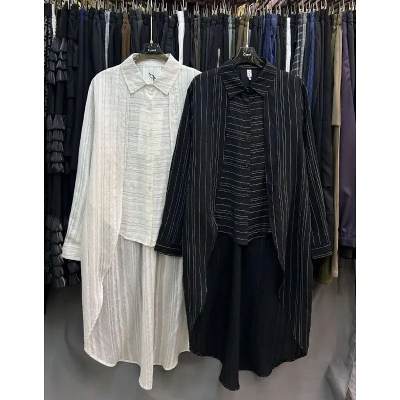 

Рубашка SuperAen в корейском стиле с оригинальным дизайном, в полоску, асимметричная, весна 2025, новая модная укороченная рубашка с длинным рукавом