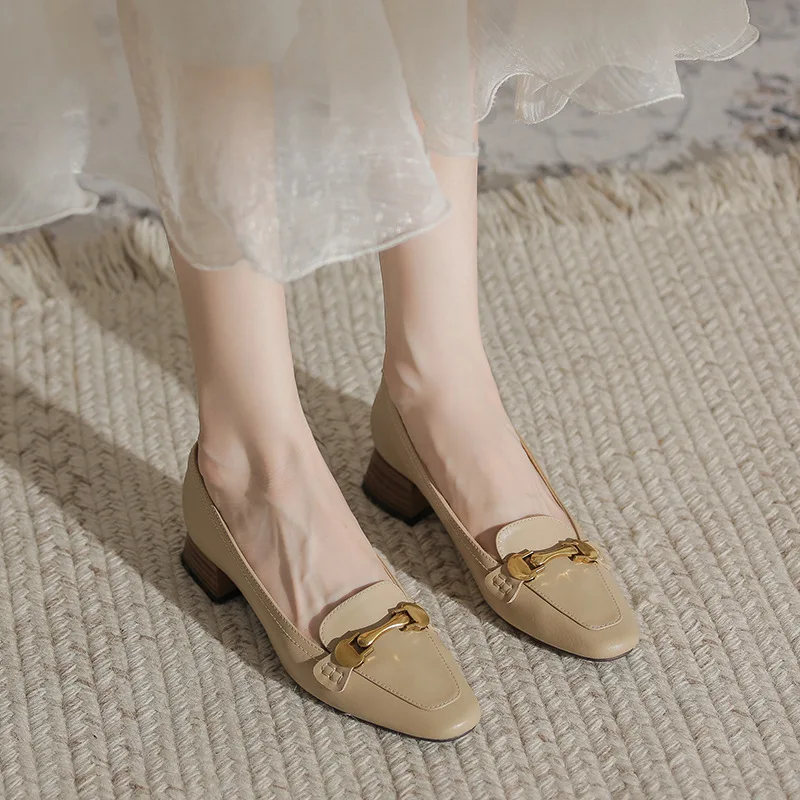 

Genuine leather square toe new French retro shallow mouth thick heel shoes for women