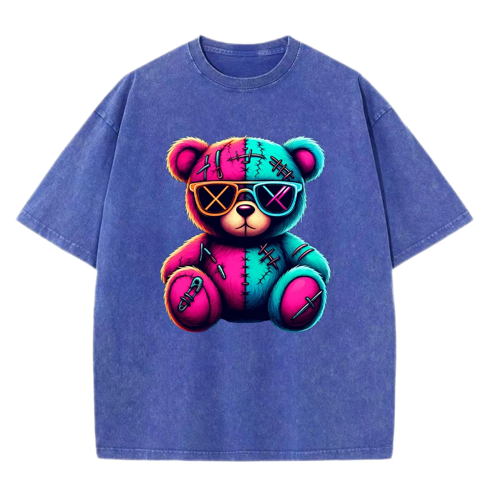 

Cool Little Bear Doll Printed Washed Tee Shirt Man Trendy Cotton Sportswear Casual Crewneck T Shirts Loose Soft Clothing