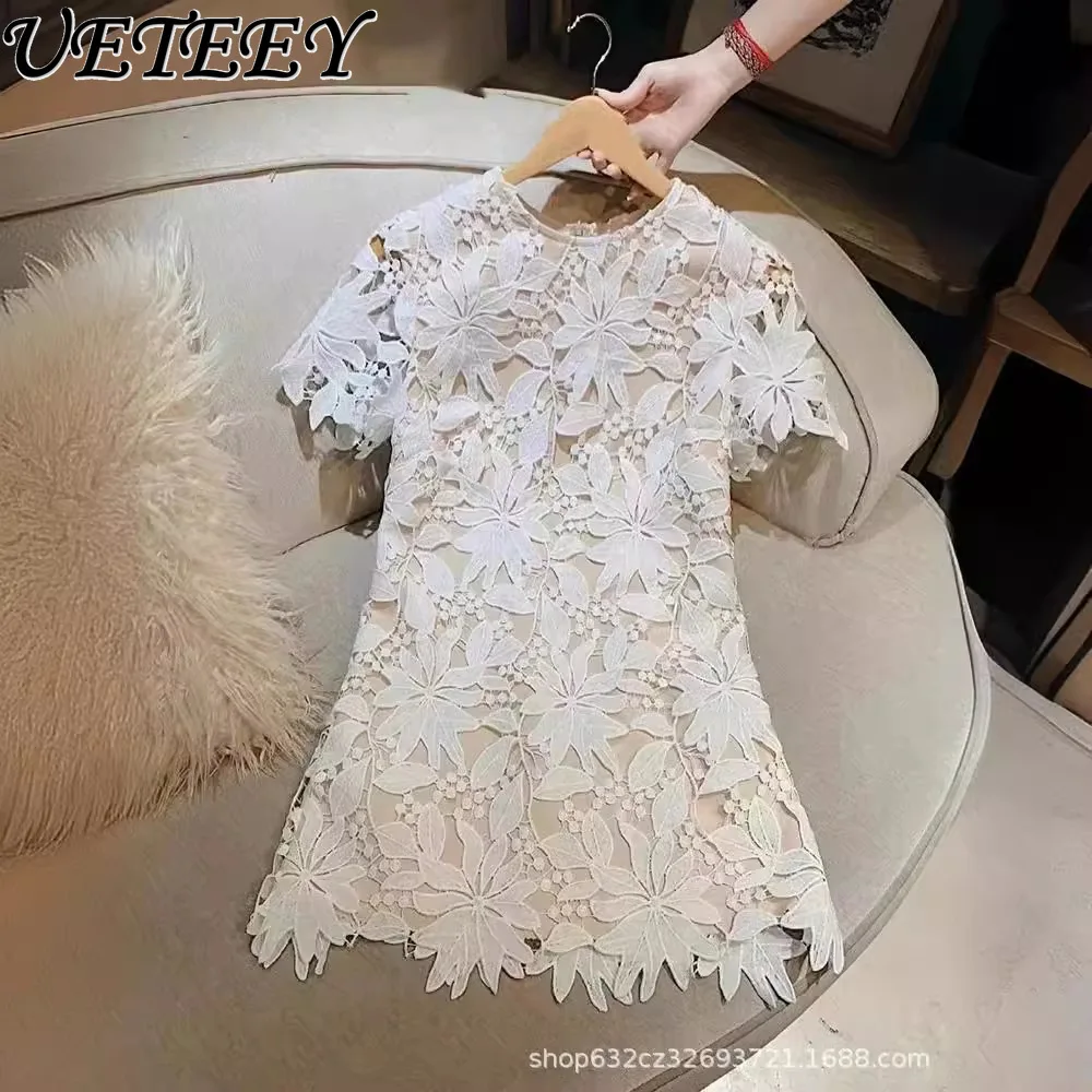 Temperament Crochet Embroidery Puff Short Sleeve Dress Women's Summer New High Sense Hollow Flower Gentle Dress Office Ladies