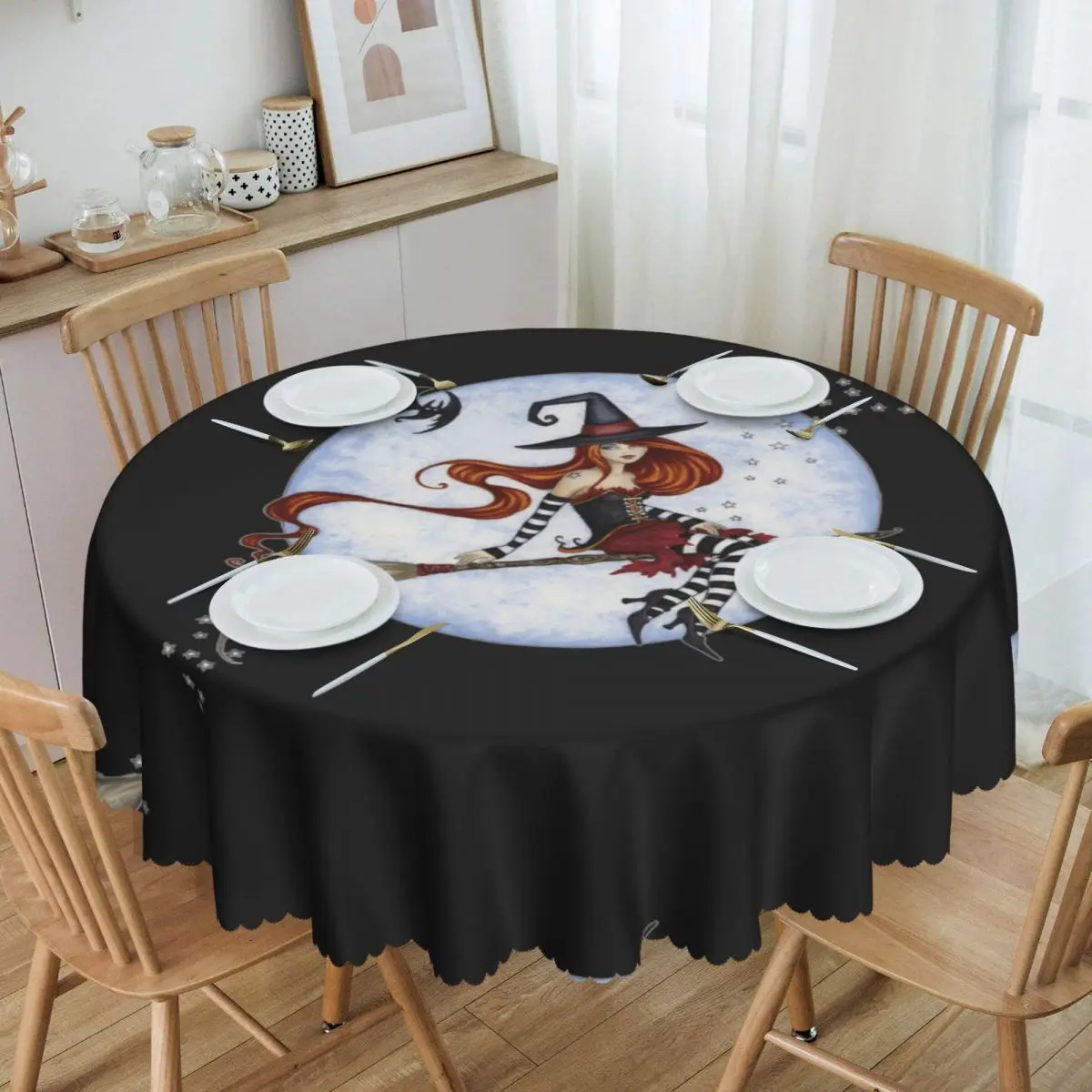 Halloween Witch Moonlight Ride Round Tablecloths 60 Inch Goth Occult Table Cover for Kitchen Table Cloth