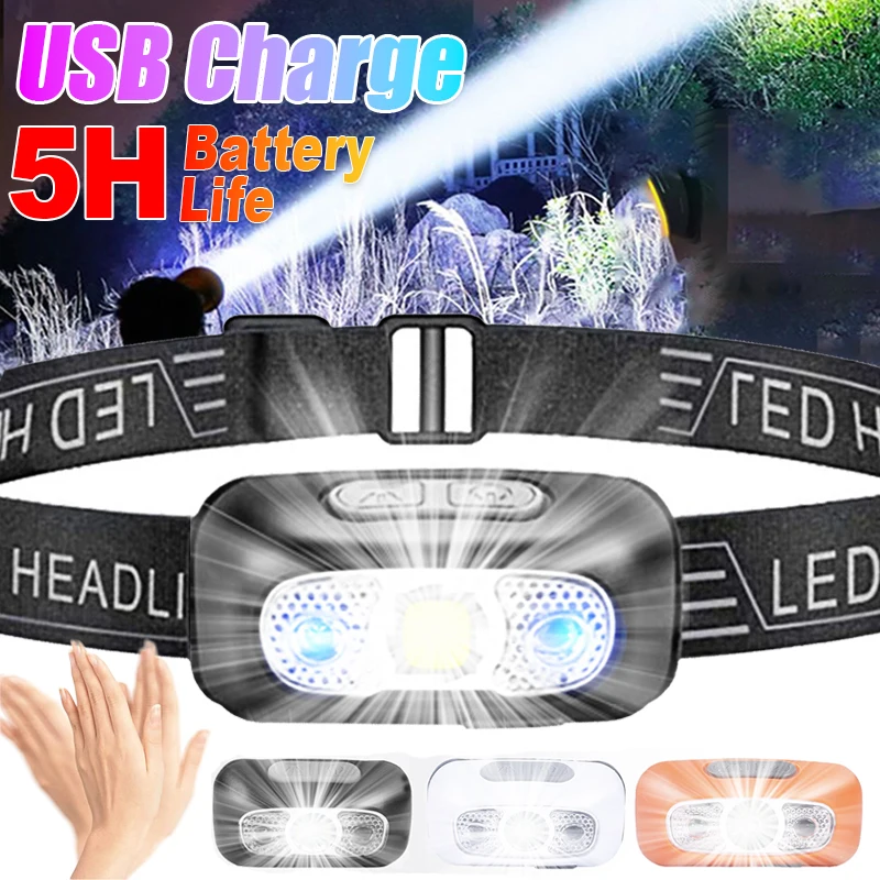 

USB Rechargeable Sensor Headlamp Mini LED Bright Headlight Body Motion Sensor Outdoor Head Mounted Waterproof Camping Flashlight