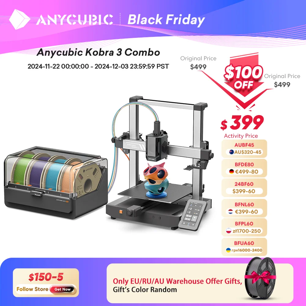 ANYCUBIC K3 Combo Multi-Color FDM Print in 4 to 8 Color 3D Printer With Max 600mm/s Printing Speed  Build Size 250mmx250mmx260m