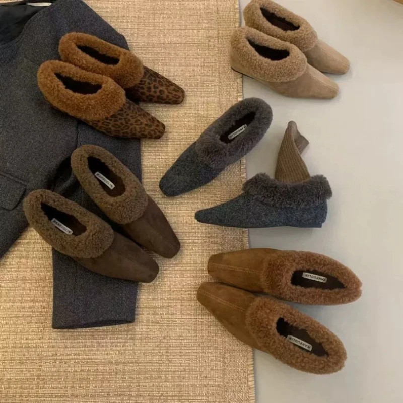 New Autumn and Winter Soft Sole Plus Velvet Warm Flat Shoes Plush Lining Pointed Toe Women's Shoes Fashion Trend Cotton Shoes