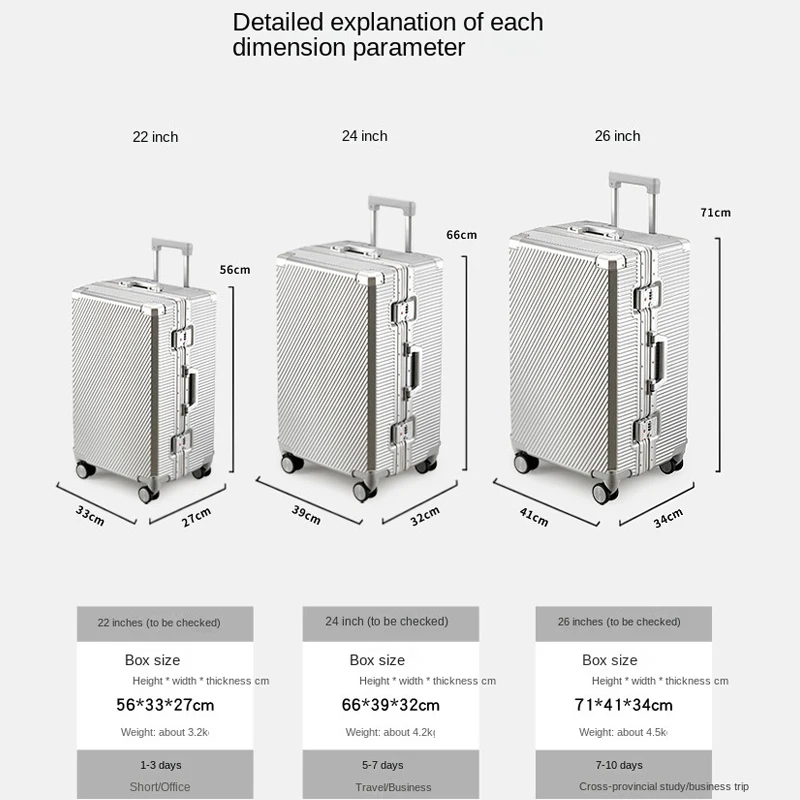 20 Inch Suitcase Pressure resistant Luggage Aluminium Frame 26 Inch Luggage Boardable Silent Universal Wheels Combination locks