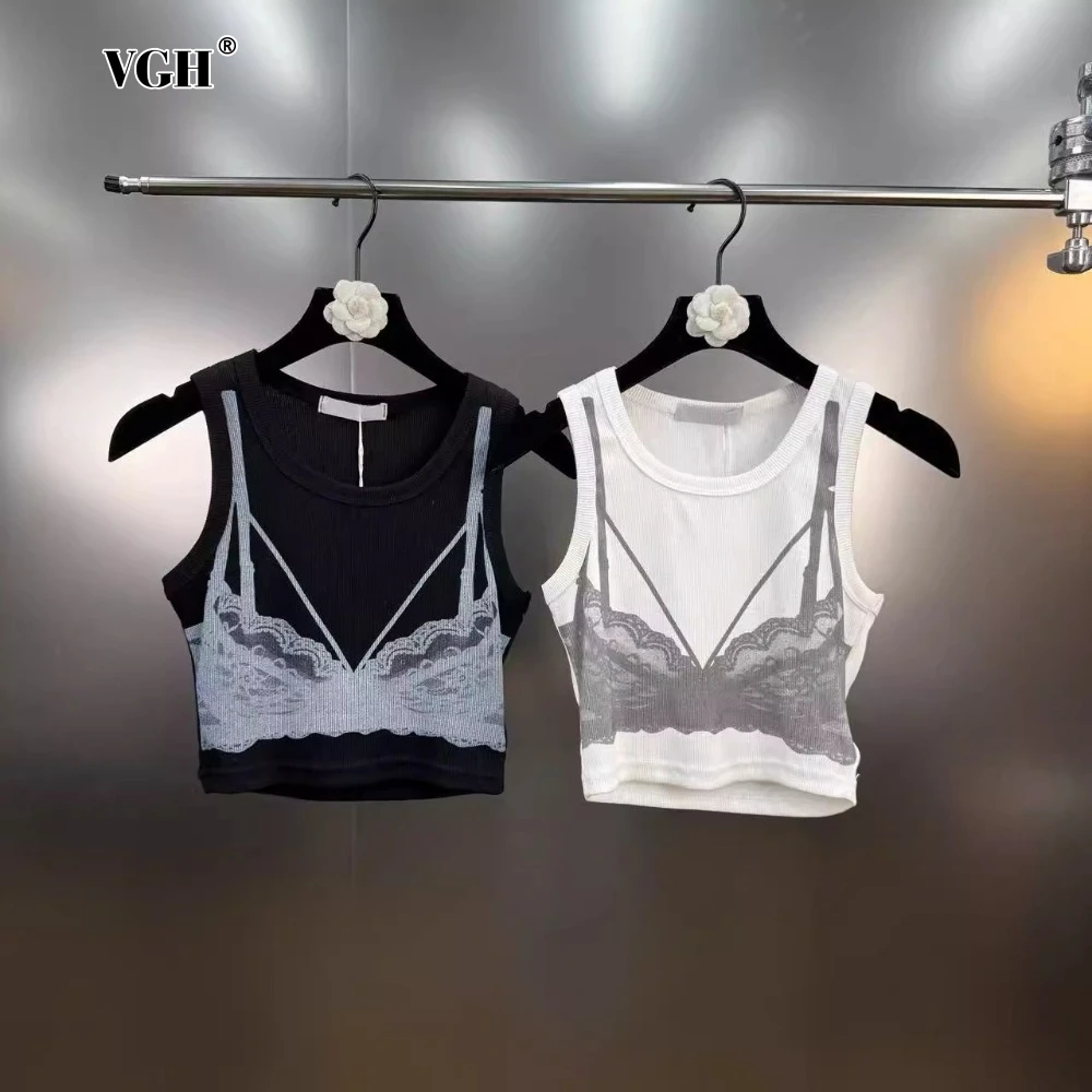 

VGH Hti Color Sexy Lace Printing Vest for Women Round Neck Sleeveless Slimming Temperament Short Tops Female Fashion Clothing