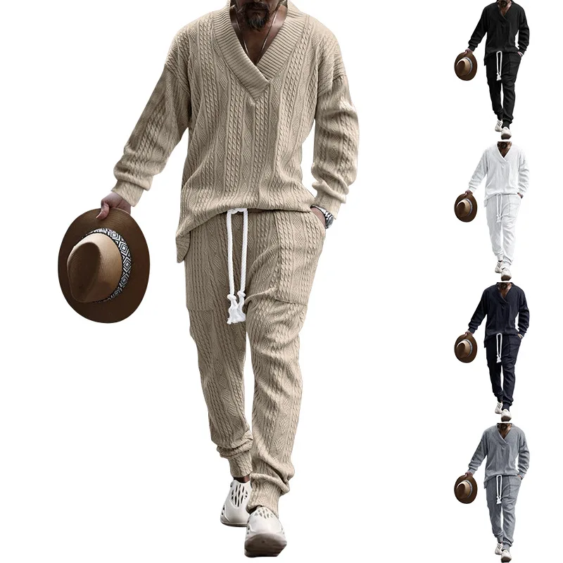 2024 Spring Autumn New Men Casual Set V-neck Versatile Jacquard Knitwear Long Pants Male Sets