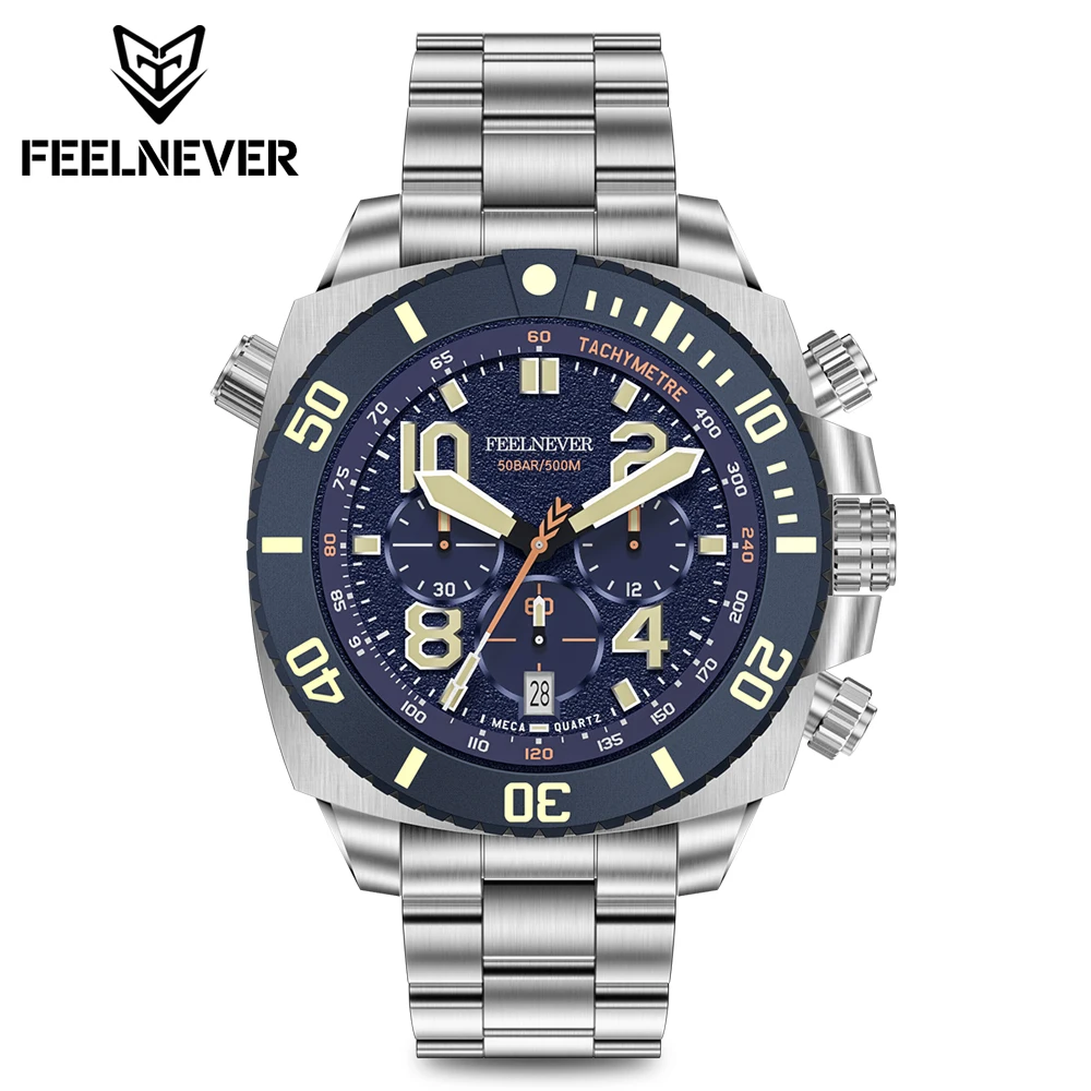 FeelNever Sport Automatic Movement Quartz Watch Stainless Steel Sapphire Crystal Watches Men 500M Waterproof Clocks Reloj Hombre view 6