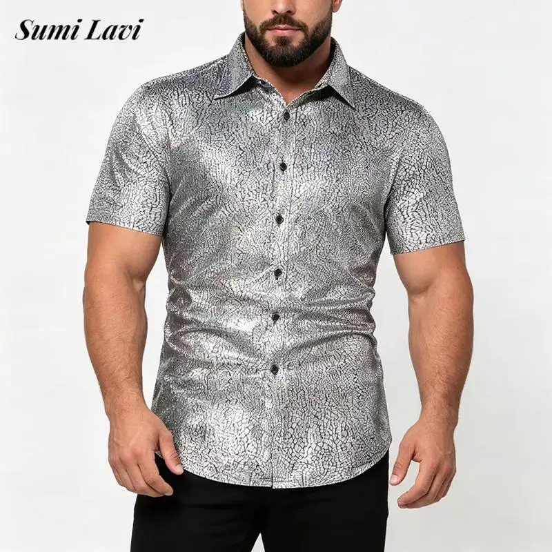 Nightclub Mens Retro Glitter Shiny Shirts Disco Clubwear Slim Sequin Shirt Tops Men Spring Summer Party Retro Short Sleeve Shirt