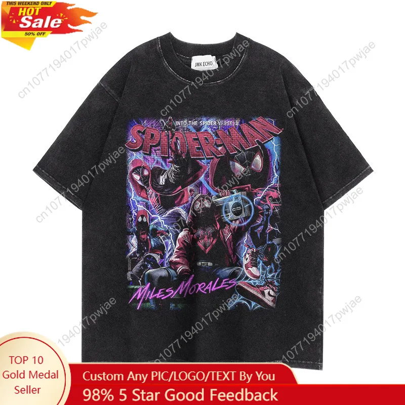 

Marvel Lifestyle Brand New Loose-Fit Summer Short-Sleeve Top American-Style Marvel Spider-Man Pure Cotton Washed Vintage T-Shirt
