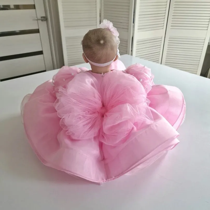 Puffy Pink Baby Toddler Princess Ball Gown Kids Newborn Party Pearls Tulle First Holy Communion Wedding Dresses Baptism Outfits