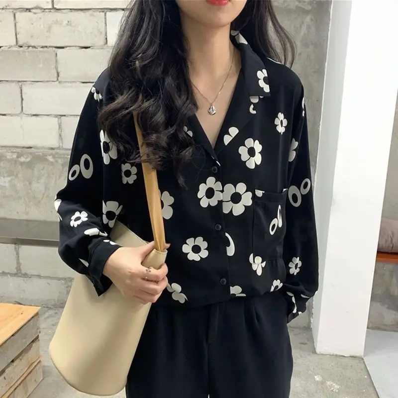 Chiffon Flower Button Long Sleeve Turn-down Collar Contrast Color Cardigan Shirt Women\'s Clothing Spring Autumn All-match Tops