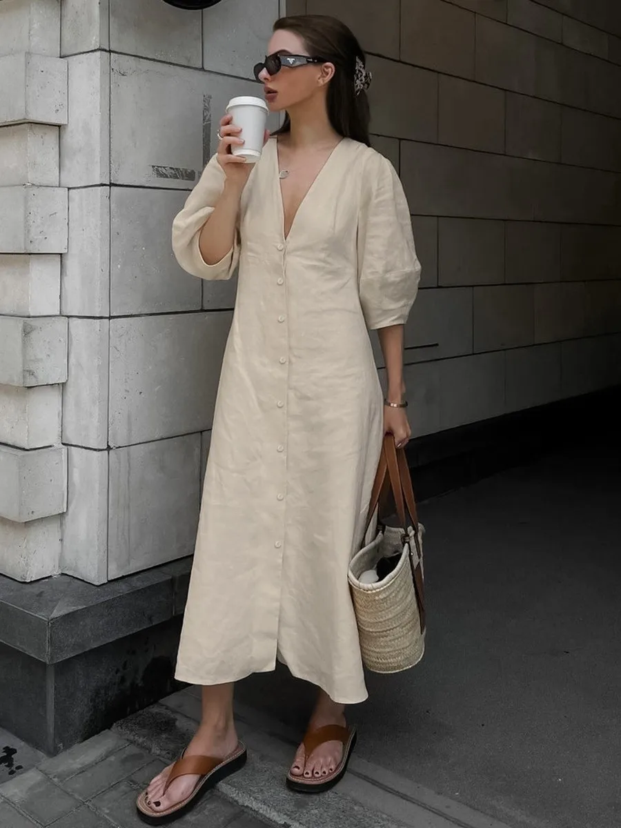 

Women's Solid Color Cotton Linen V-neck Bubble Sleeve Backless Lace Up Spring Summer A-line Loose Waist Jumpsuit Long Skirt