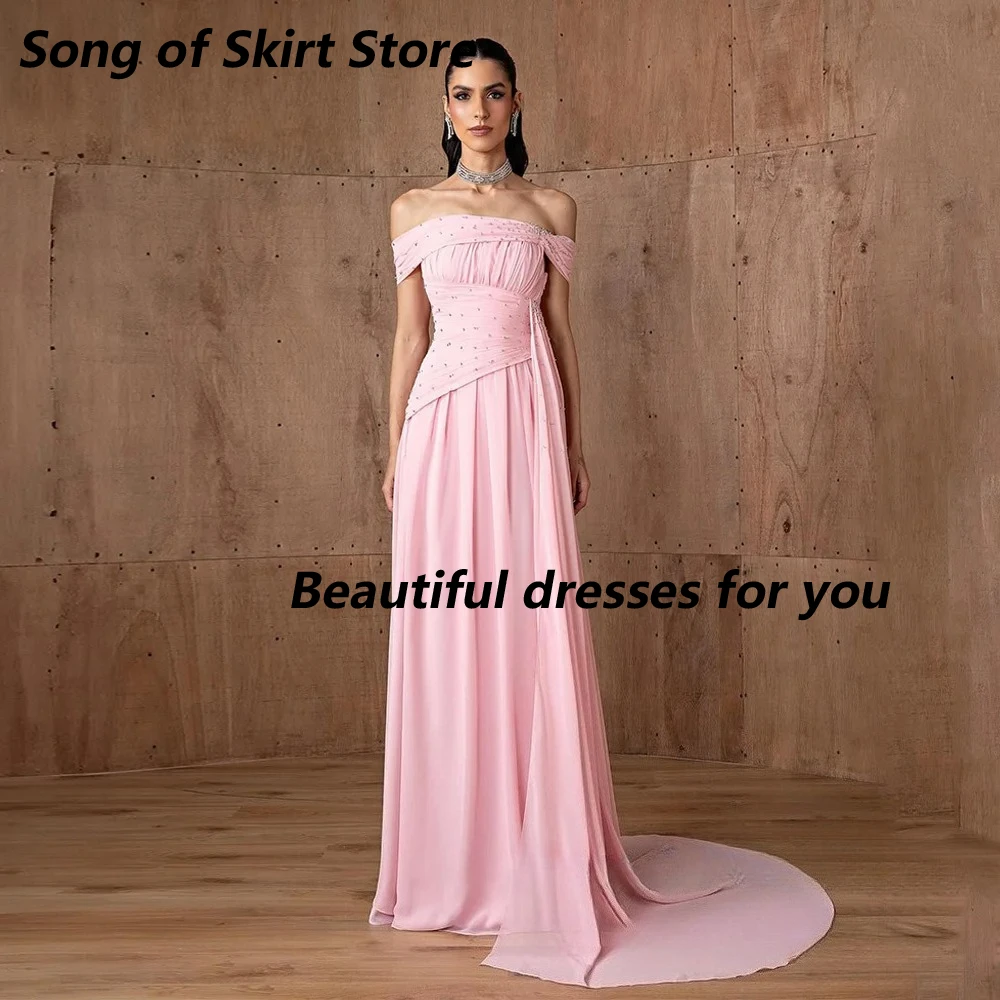 

Off The Shoulder Evening Dress Pink Boat Neck Pleat Beading Wedding Party Gown Chiffon Arabian Prom Dresses Customized