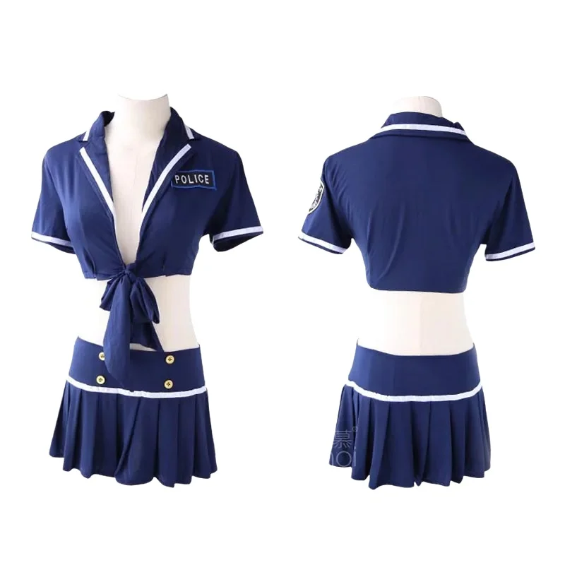 Women's Sexy Police Style Sailor Uniform Set Open Bust Tie Top Mini Skirt Role Play Lingerie Fancy Dress Costume for Party