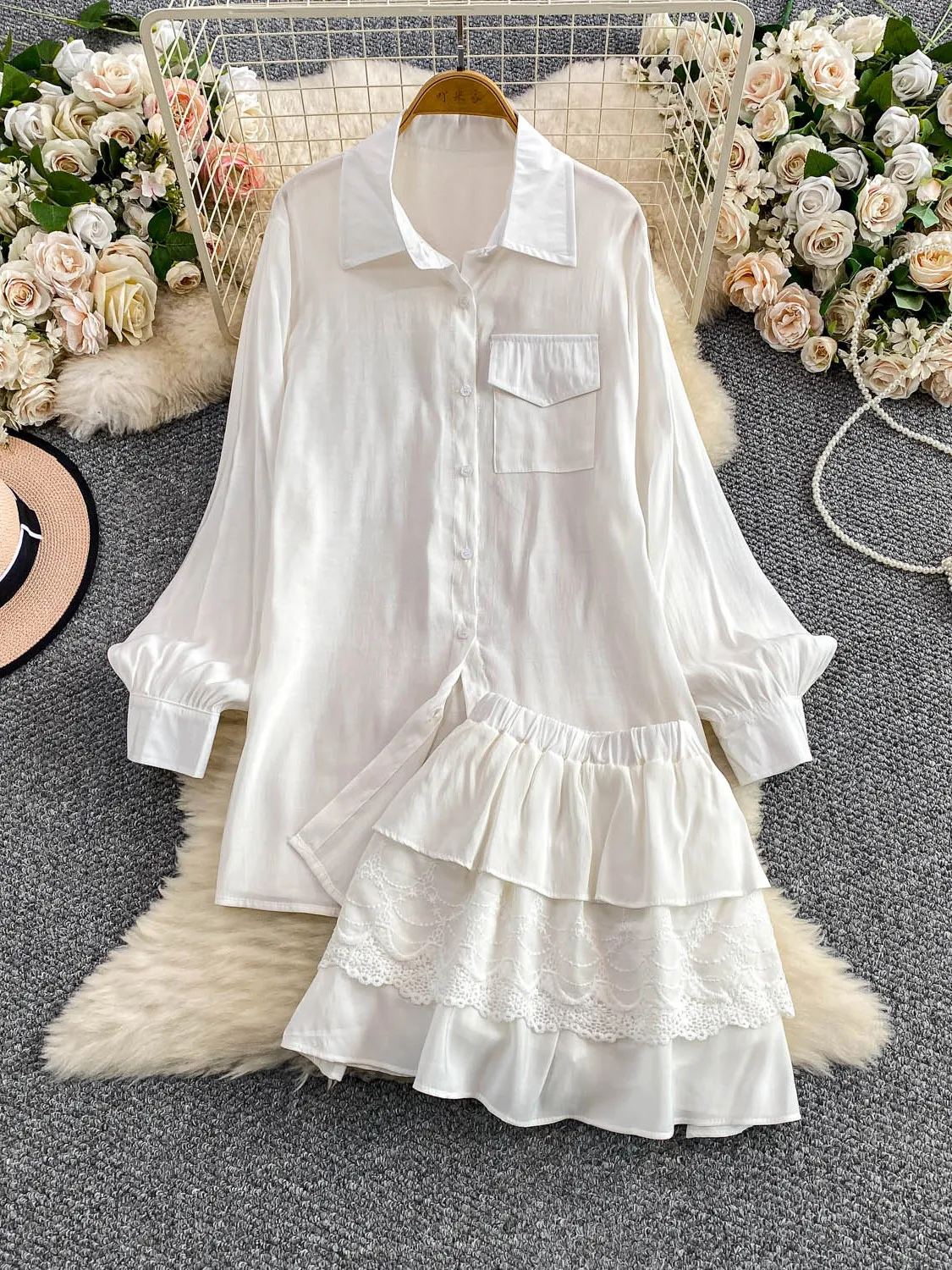 

Защита от солнца, кружевной лоскутный комплект с высокой талией для похудения Bell Sve irt и юбка-тортик, модный комплект для поездок на работу, женский комплект...