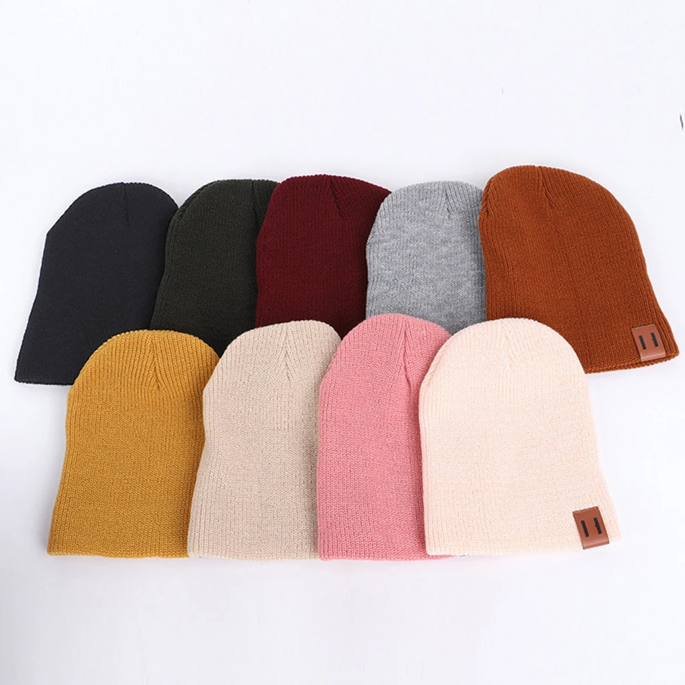 Baby Knit Hat For Boys Girls Autumn Winter Warm Kids Beanie Adult Children Parent-Child Hats Newborn Baby Cap With Leather Label