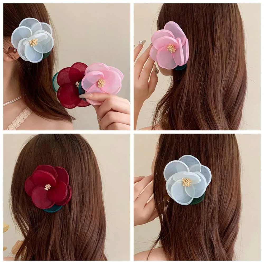 Korean Style Mesh Flower Hair Clip Duckbill Clip Female Hair Accessories Mesh Flower Hairpin Ren Pink White Headdress