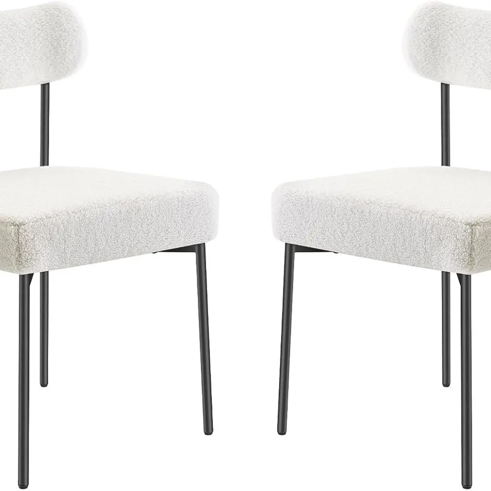 

Mid Century Modern Upholstered Dining Chairs Set of 2, Space-Saving White Kitchen Chairs with Curved Backrest and Black Metal Le