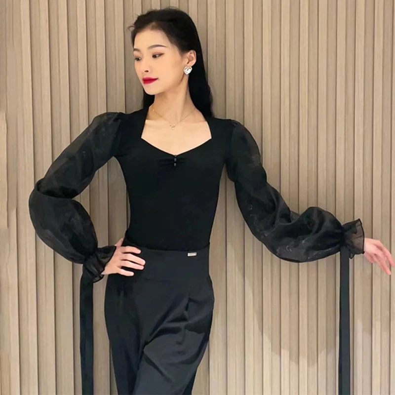 เสื้อเต้นรำละตินแขนยาวลายนางฟ้าผ้าโปร่งบางสำหรับผู้หญิงเสื้อผ้าเต้นรำบอลรูมสำหรับการแสดงวอลซ์ L13392ชุดรัดรูปสีฟ้าสีแดงสีดำ