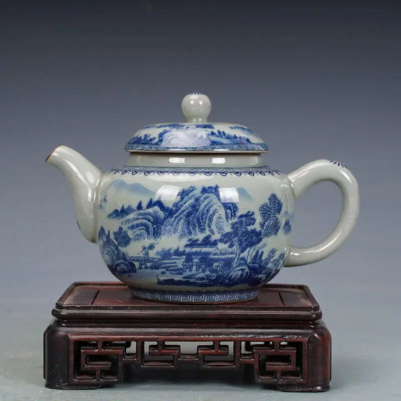 

5.5" Chinese Blue-and-white Porcelain Mountain Water Scenery Mesh Teapot