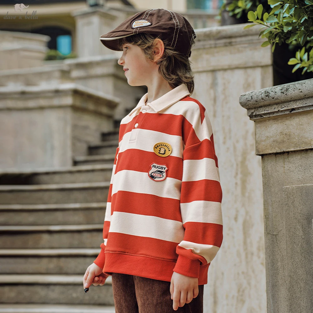 Dave Bella Boys' Spring Autumn Polo T-shirt Children Casual Stripe Long Sleeve Top 7-13 Years Kids Outdoor Polo Shirt DK3263156