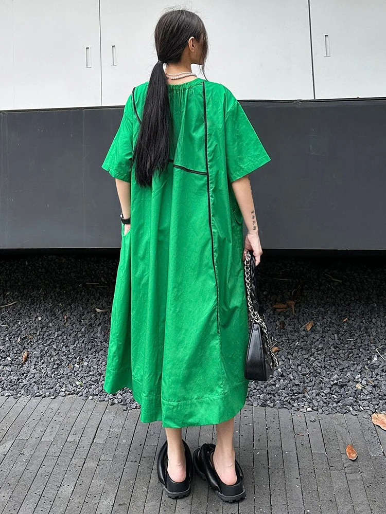 [EAM] Women Green Zipper Color-block Big Size Midi Dress New Round Neck Half Sleeve Fashion Tide Spring Summer 2024 1DH5468