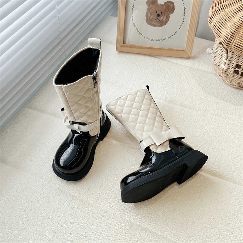 children-princess-mid-calf-boots-causal-girls-catwalk-leather-boots-glossy-pu-sweet-fashion-kids-bowknot-long-boots-versatile