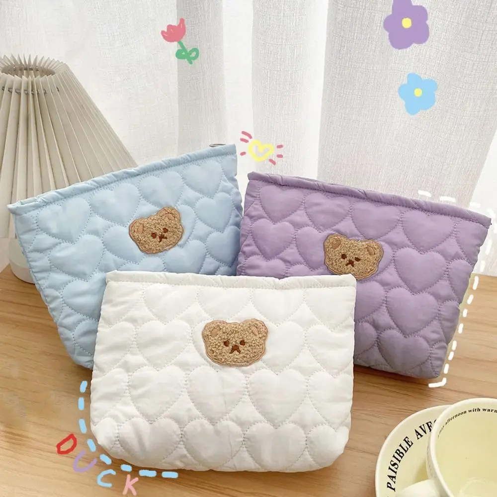 Bolsa de maquillaje con estampado de oso para mujer y niña, bolso de almacenamiento con cremallera, corazón de amor, bonito, para cosméticos de dibujos animados