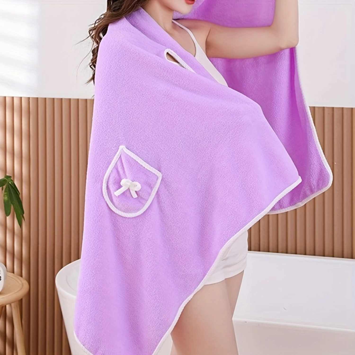 1pc Bath Wrap Towel With Bowknot Pocket, Absorbent & Quick-drying Wearable Bath Towel For Women, Super Soft Bathing Wrap Towel,