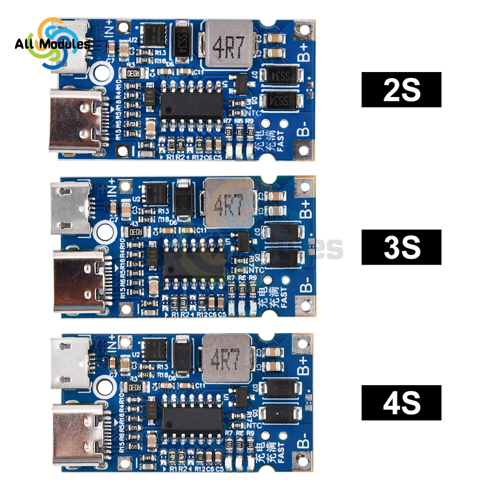 Multi-Cell 2S 3S 4S Type-C to 9V/12V 4.5V-15V Step-Up Buck Fast Charging Charger Module for 18650 Lithium Battery