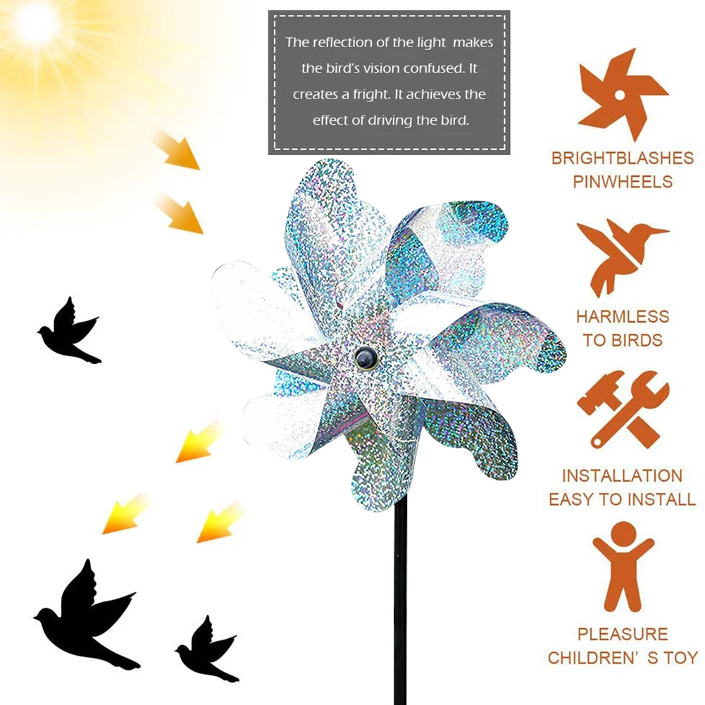 Garden Lawn Yard Decoration Bird Repeller Windmill Practical Multi-functional Classic DIY Deterrent Silver Pinwheel