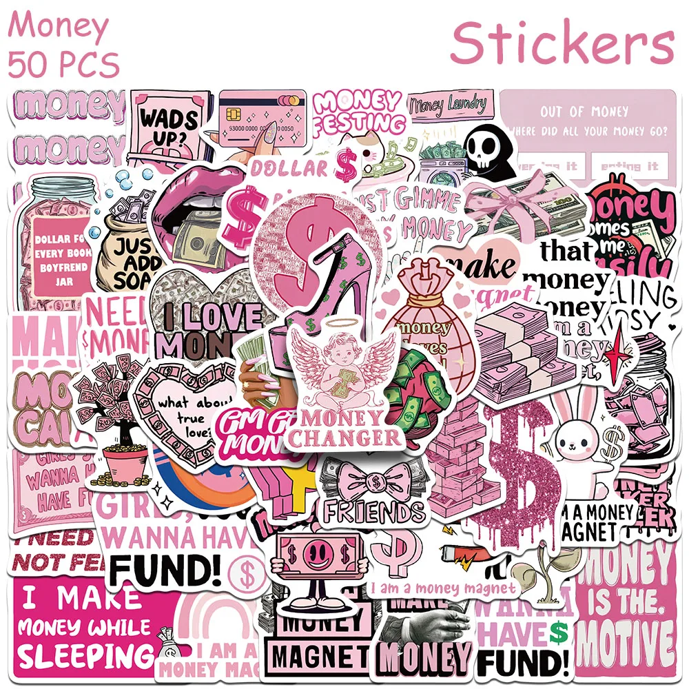 50pcs Cartoon Money Stickers Decals For Laptop Scrapbook Luggage Guitar Helmet DIY Graffiti Aesthetic Stickers Creative Gifts