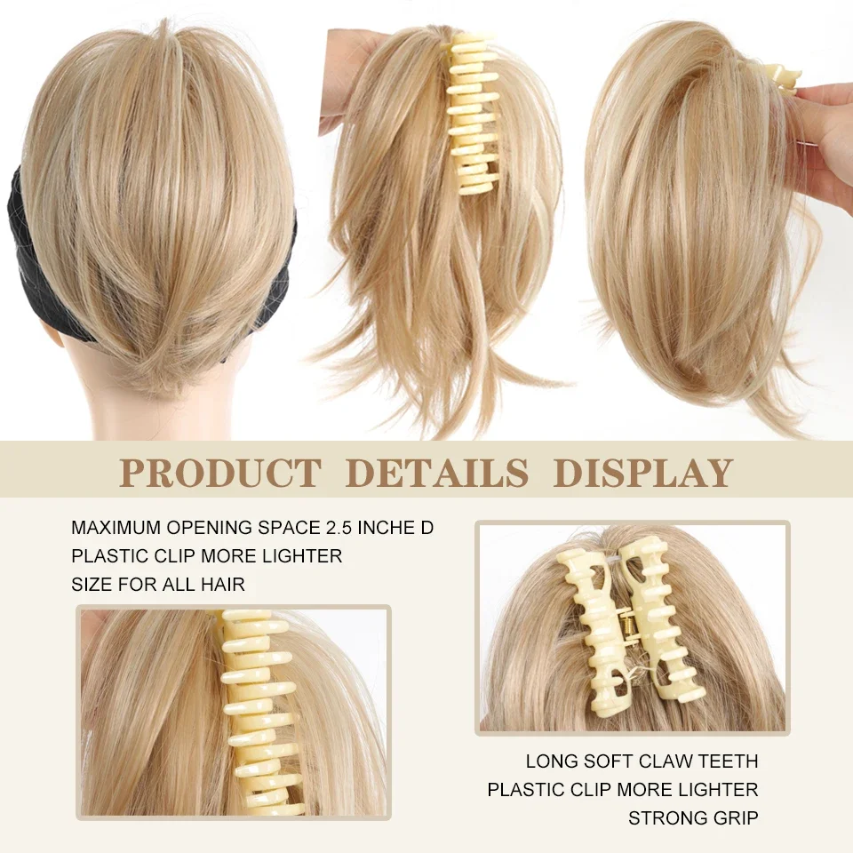 합성 클로 클립 포니테일 헤어 익스텐션, 엉킨 짧은 스트레이트 포니테일, 금발 갈색, 열에 강한 포니테일 가발
