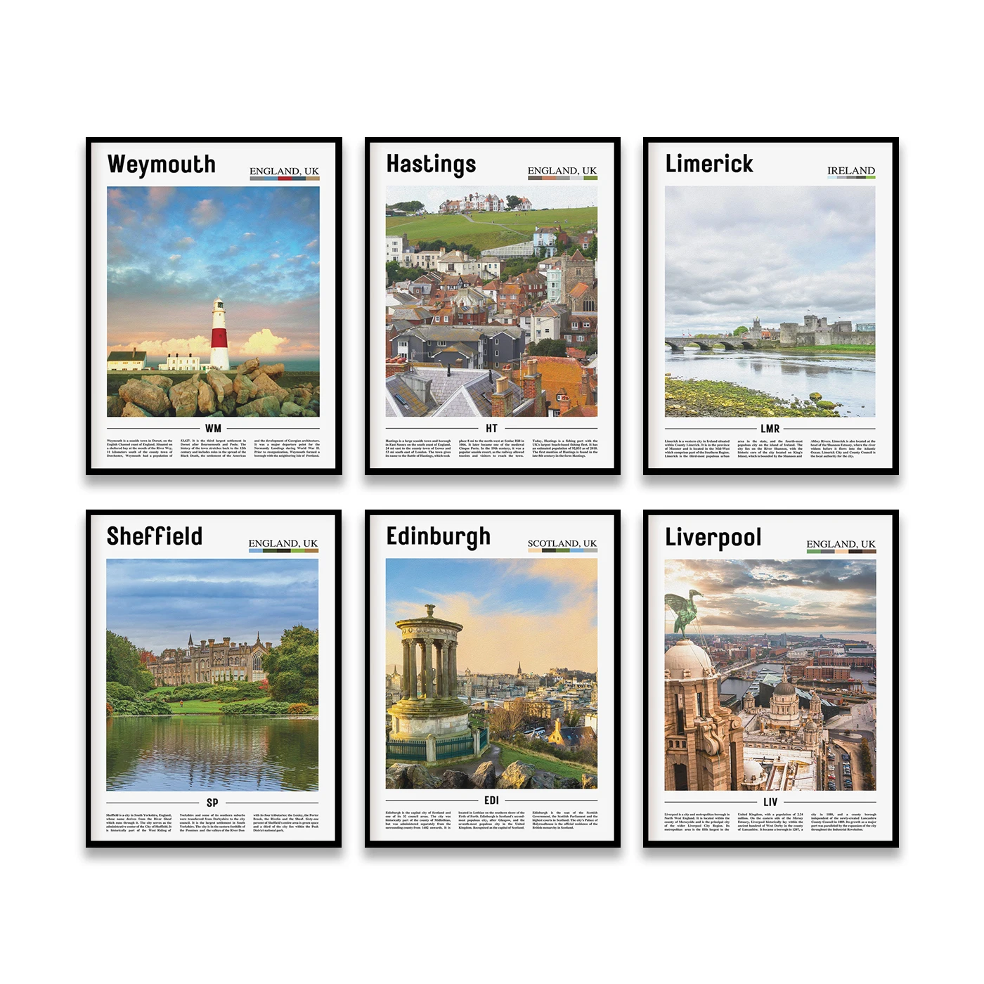 Berkshire Edimburgo Hyde Sheffield Irlanda del Norte Cambridge Essex Hastings Limerick Weymouth City Póster de paisaje de viaje
