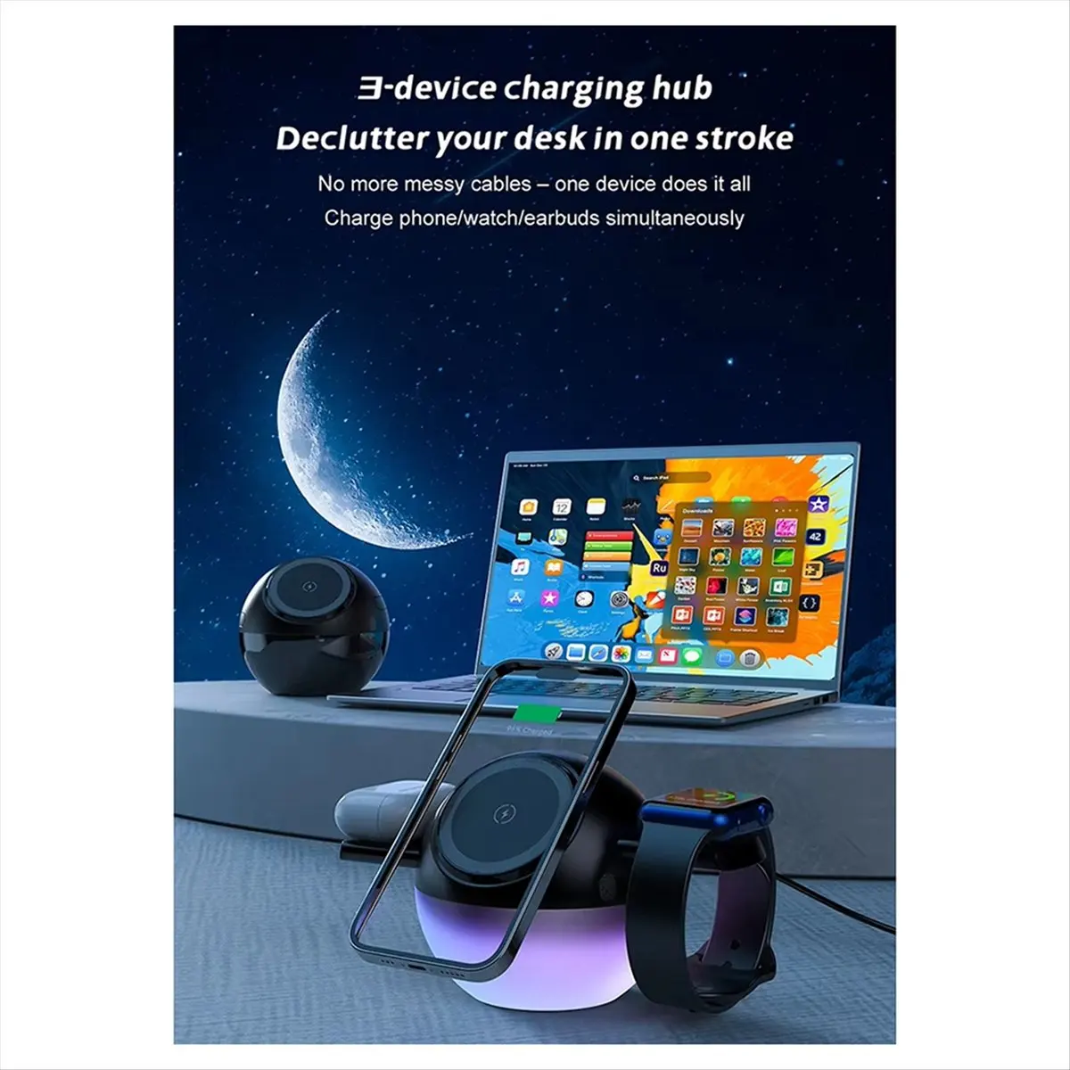 

Настольная магнитная беспроводная зарядная станция A32M 3-в-1 с LED-подсветкой для быстрой зарядки телефона, часов и наушников