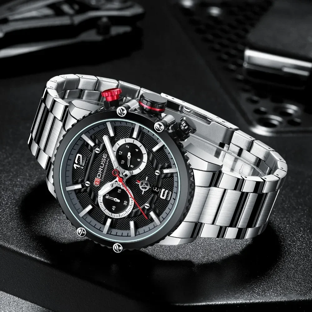 BORUSE 2Pcs/Set of Silver-black Luxury Mens Quartz Watch Necklace Classic Round Dial Alloy Case with Date Ideal Gift for Men