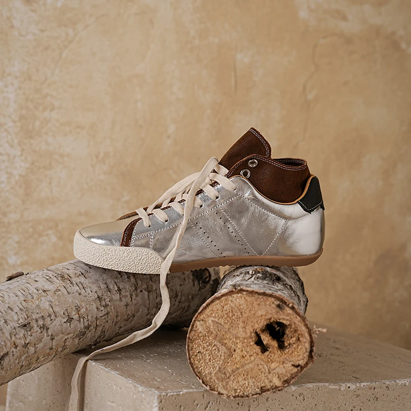 

Handmade Genuine Leather Women Sneaker Flat Casual Shoes for Round Toe Thick Platform Mixed Colors Lace-up German Trainer Shoes
