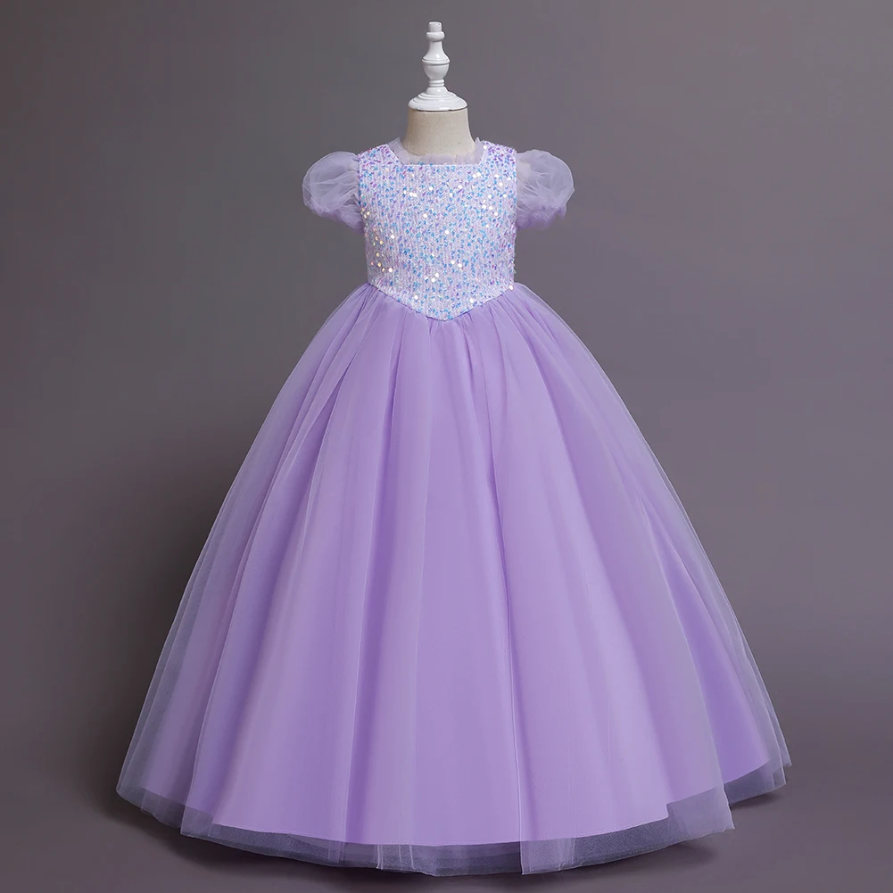 4 Colors 110cm-160cm European and American Children Dress Girl Short Sleeve Sequined Princess Floor-length Performance Vestidos