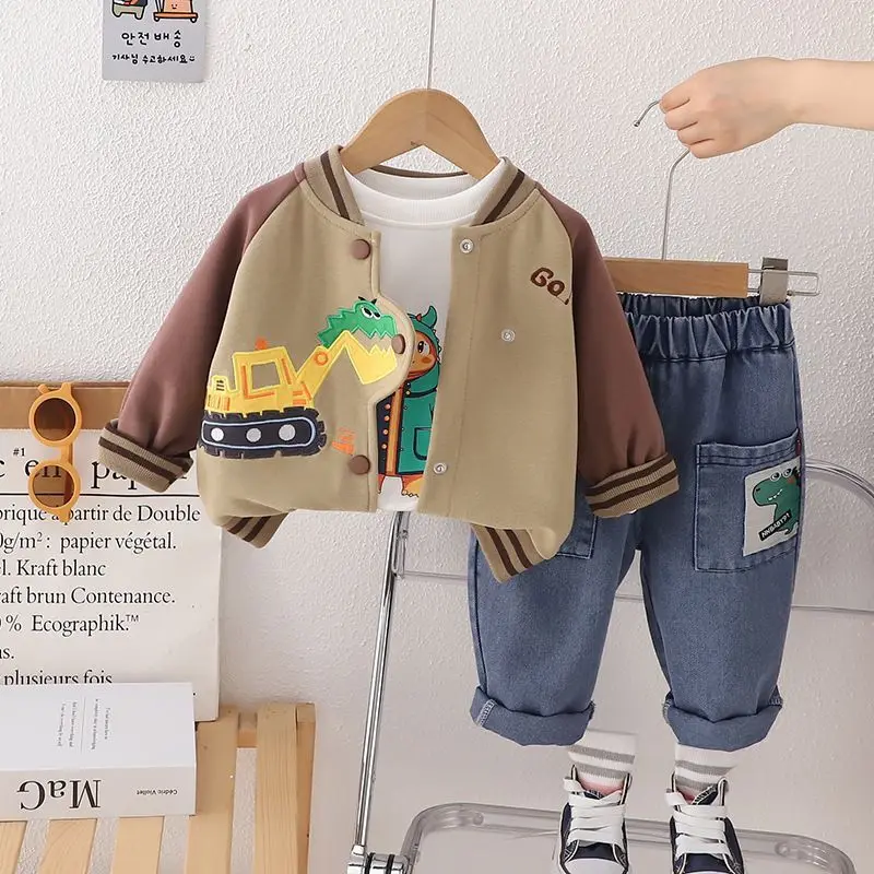 

Spring Autumn Toddler Boys 3PCS Clothes Set Cartoon Printed Tops Dinosaurs Car Coat Stretch Jeans Suit Kids Boys Outfits