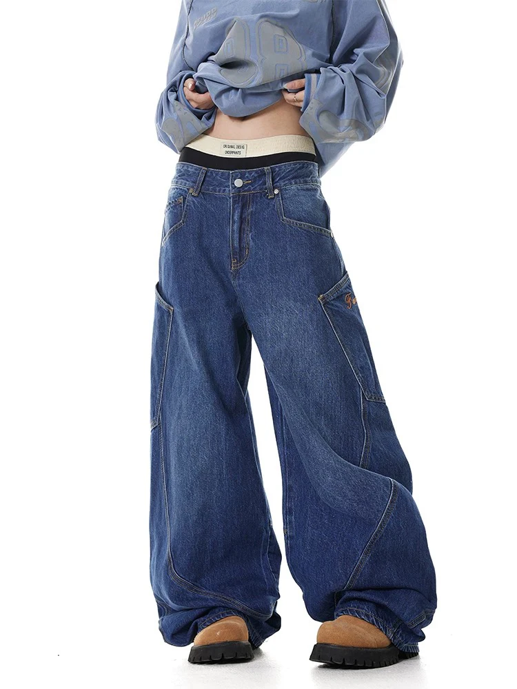 

Retro Loose Women Jeans Blue Simple Basic Chicly Embroidered Wide Leg Pants Female Fashion Street Slim High Waist Woman Jeans