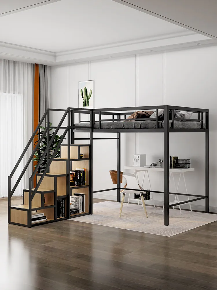 Simple modern space-saving wrought iron bed Double Under table Duplex second floor bed Double upper empty elevated bed