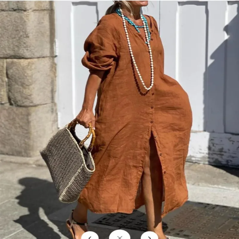 

Fashion Elegant Spring Cotton Linen dress Women's Turn-down Collar Buttons Shirt Dress Female New Loose Oversize Ladies Clothes