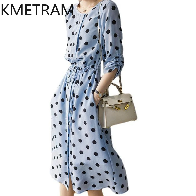 

KMETRAM 100% Mulberry Silk French Polka Dot Dresses for Women 2024 Summer High-end Mid-length Dress A-Line Vestidos De Mujer